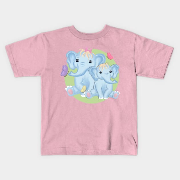 Mom and baby elephant with butterflies Kids T-Shirt by AlondraHanley